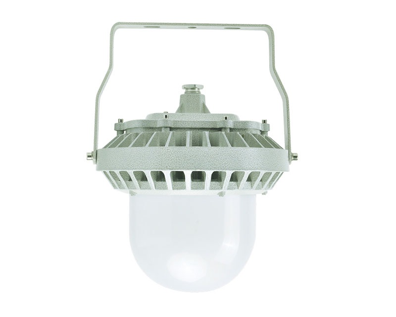Industrial flameproof light fixture featuring a robust grey textured metal housing, integrated heat sink fins, and a secure U-shaped mounting bracket.